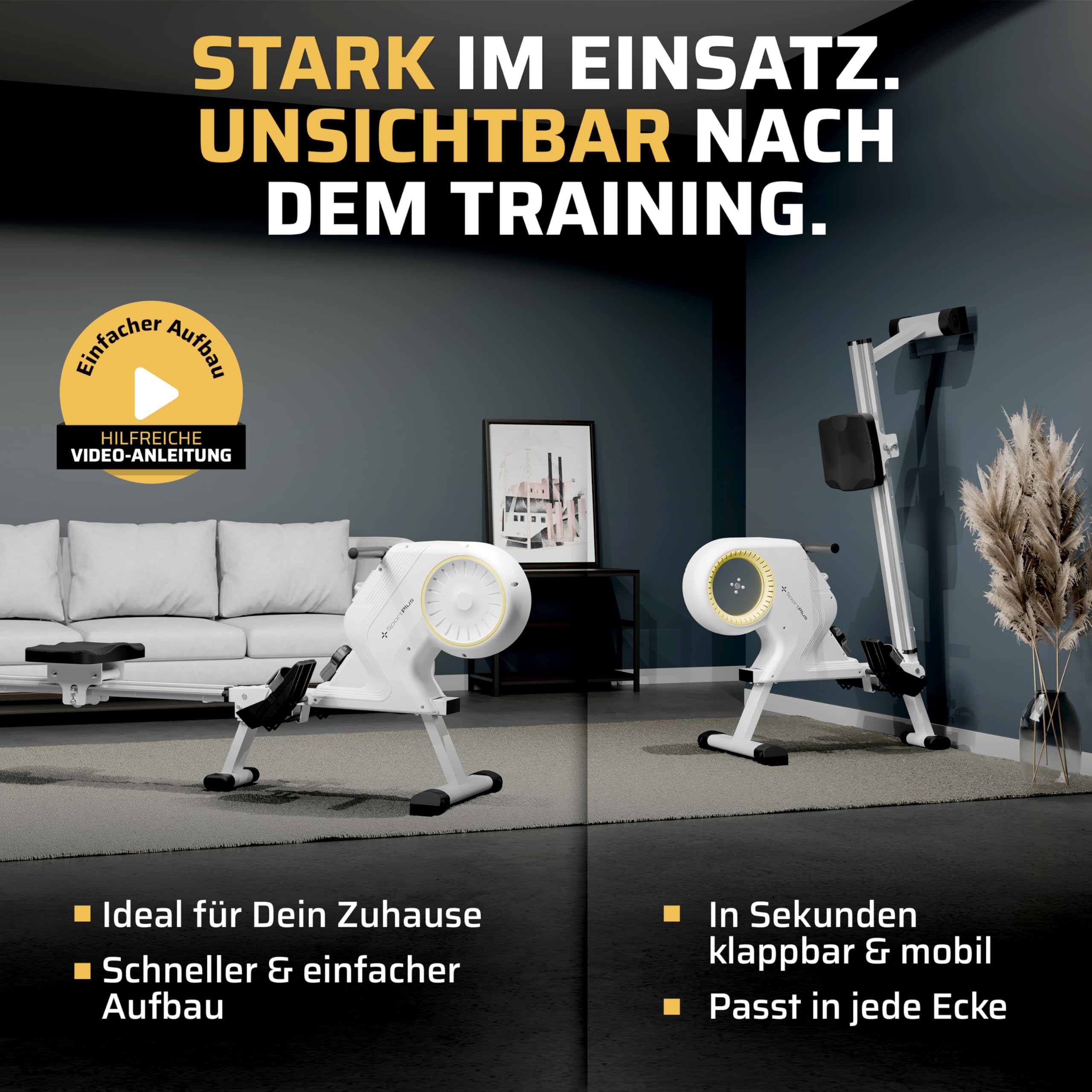 SportPlus Rudergerät für zuhause klappbar - Heimtrainer Rudergerät 16 Widerstandsstufen - leises Magnetbremssystem - Rudermaschine für zuhause - Designed in Germany - bis 150kg belastbar