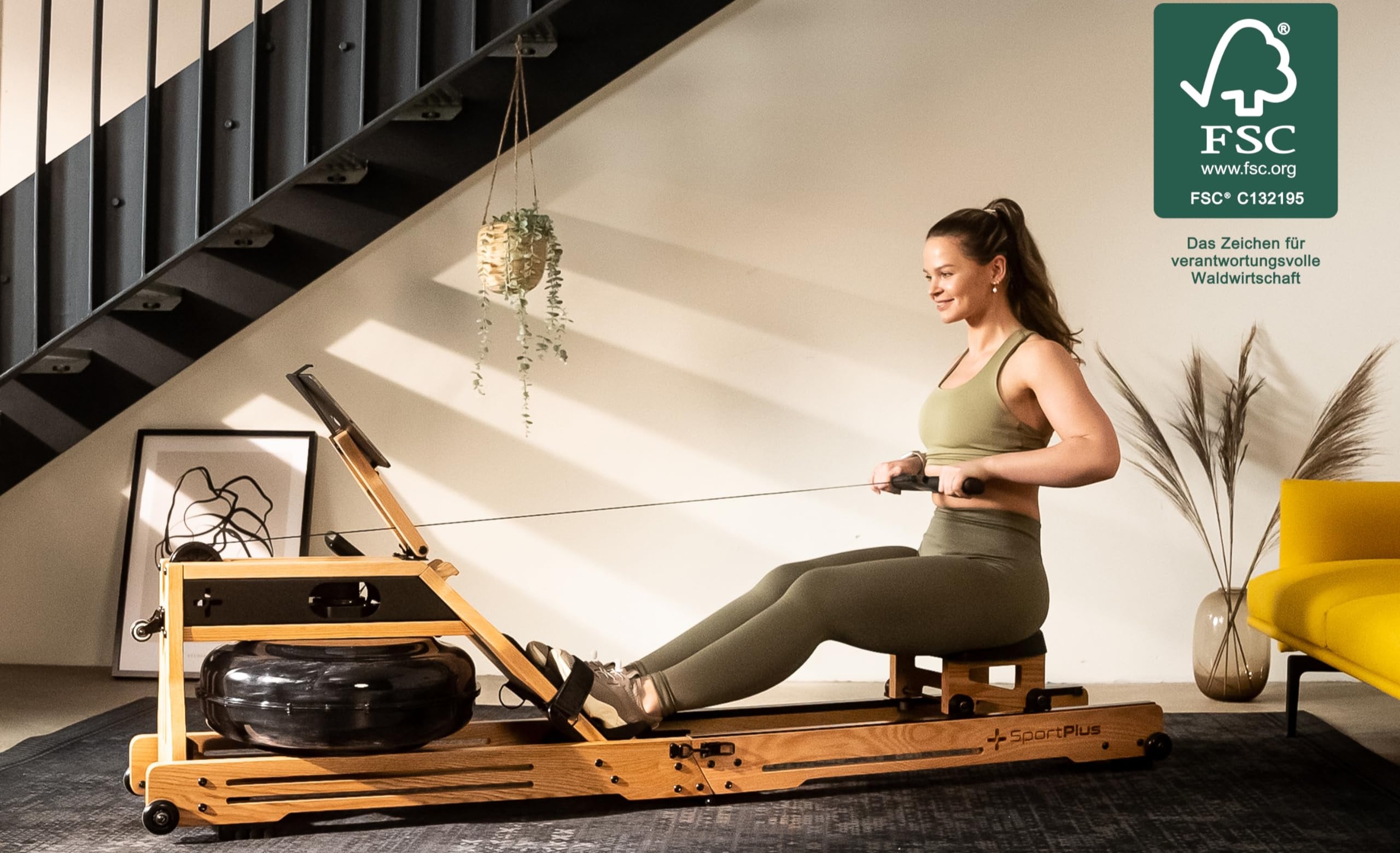 SportPlus Rudergerät für zuhause klappbar - Rudergerät Wasser Holz - Rudergerät Holz Massive Eiche FSC®-Zertifiziert - Rudermaschine Trainingscomputer App-kompatibel - Wasserrudergerät Holz 150 kg