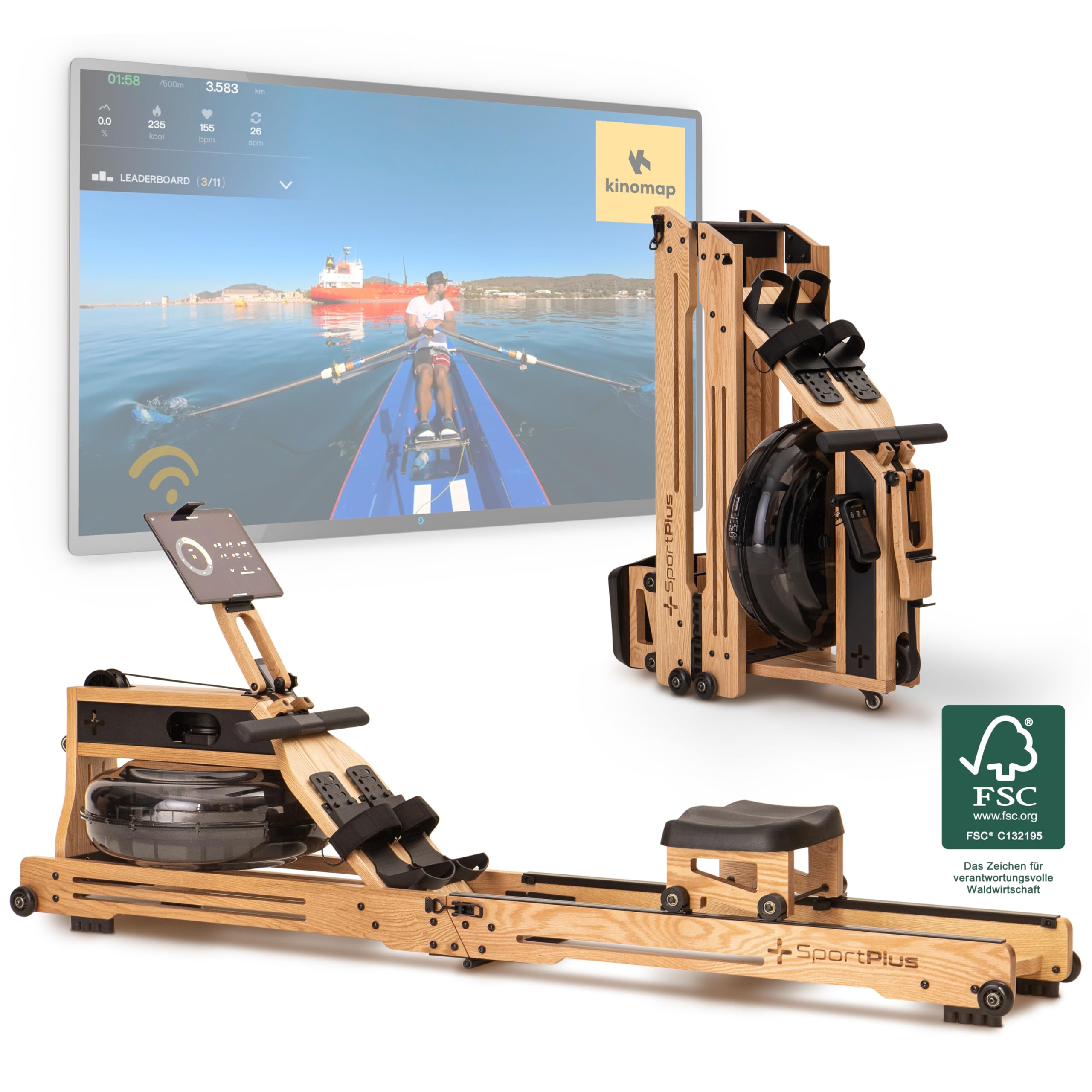 SportPlus Rudergerät für zuhause klappbar - Rudergerät Wasser Holz - Rudergerät Holz Massive Eiche FSC®-Zertifiziert - Rudermaschine Trainingscomputer App-kompatibel - Wasserrudergerät Holz 150 kg